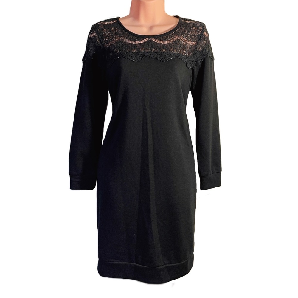 Luxology Tunic Sweater mini-dress Black Lace Insert Long Sleeves Casual Size Sm